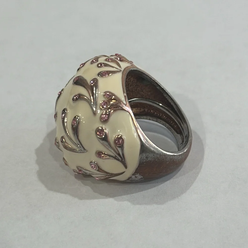 WHITE CREAM ENAMEL PINK CZ‎ SIZE 8 LARGE BLING RING